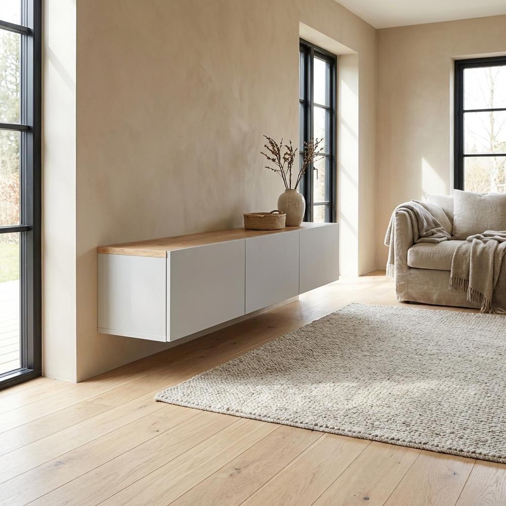 Wall-Mounted TV Stand for Up to 75 Inch Displays in White and Sapphire Oak**