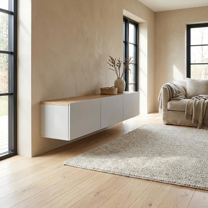 Wall-Mounted TV Stand for Up to 75 Inch Displays in White and Sapphire Oak**