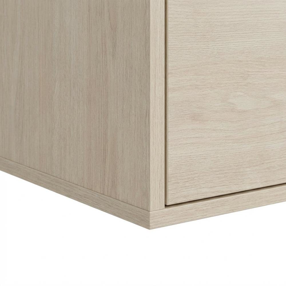 Brown floating TV stand, screens up to 75 inches, sturdy rubberwood