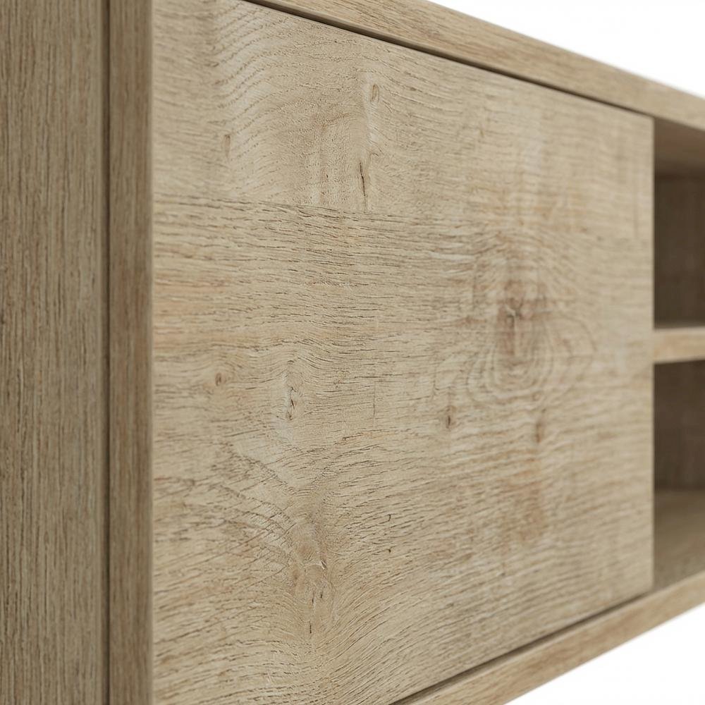 Brown floating TV stand with wall-mounted design and spacious storage