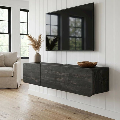 Black floating TV stand, 80 inch flat screens, modern design, durable wood