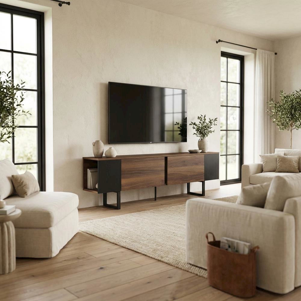 Walnut Finish TV Stand for 75 Inch Living Room Entertainment Center