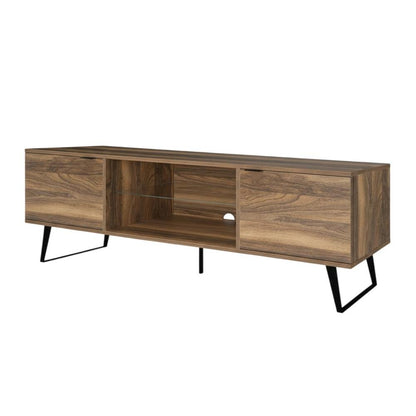 Walnut Wood TV Stand with Glass Door Shelf and Mid-Century Modern Design