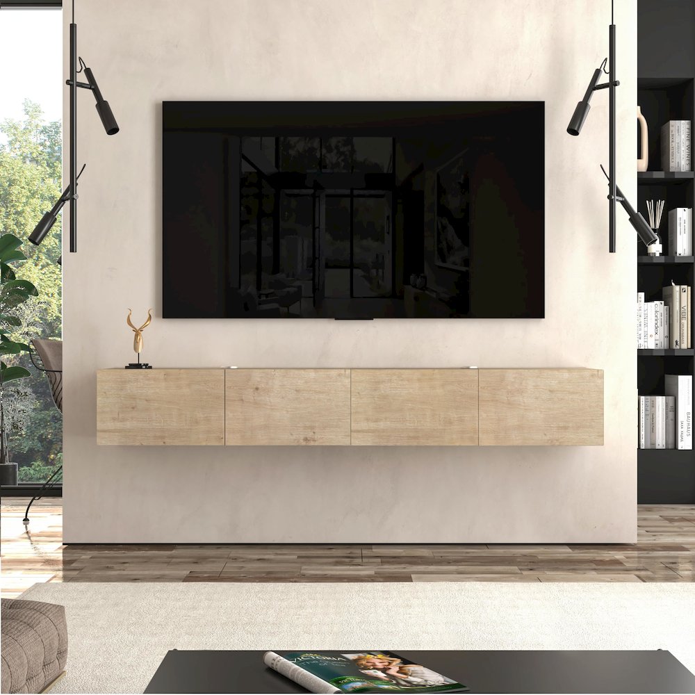 Floating TV Stand Wall Mounted, Natural Oak, Cable Management, 4 Doors