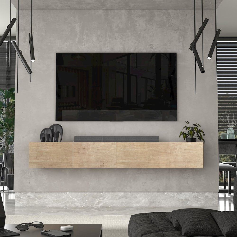 Floating TV Stand Wall Mounted, Natural Oak, Cable Management, 4 Doors