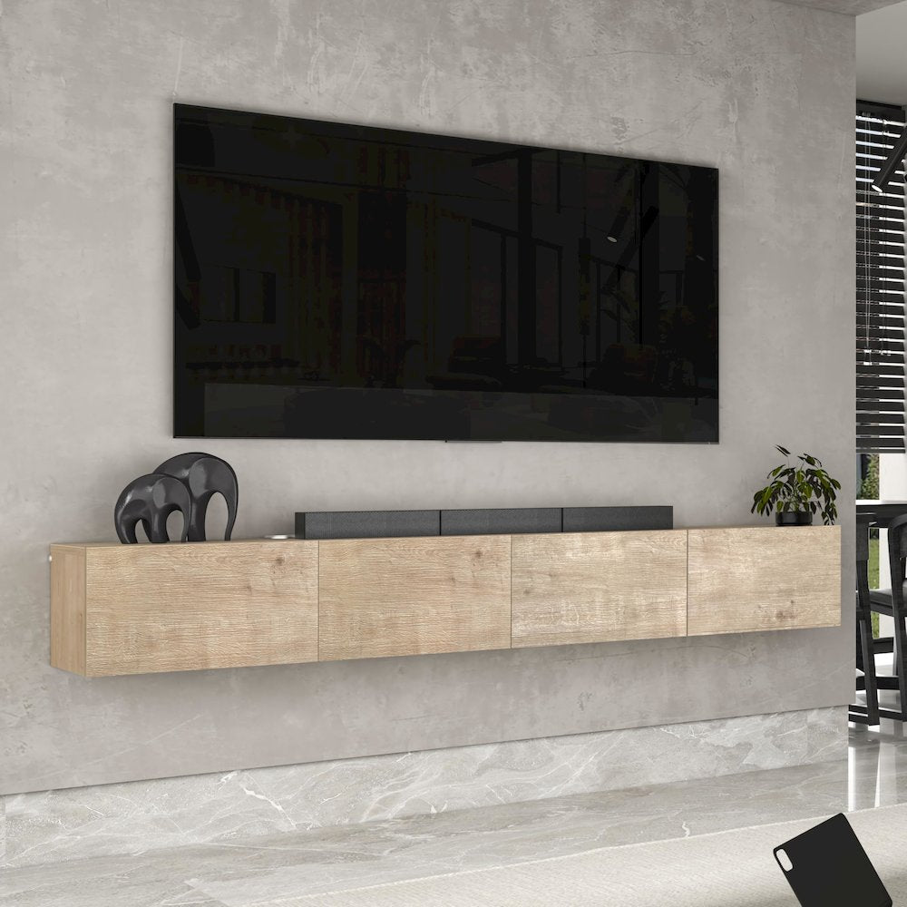 Floating TV Stand Wall Mounted, Natural Oak, Cable Management, 4 Doors