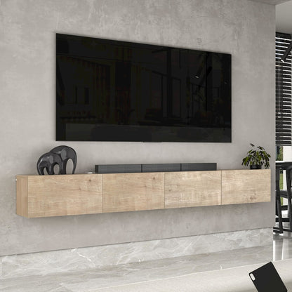 Floating TV Stand Wall Mounted, Natural Oak, Cable Management, 4 Doors