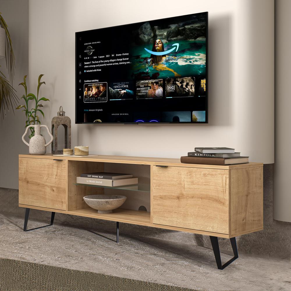 Mid Century Modern Door Glass Shelf TV Stand (Oak)