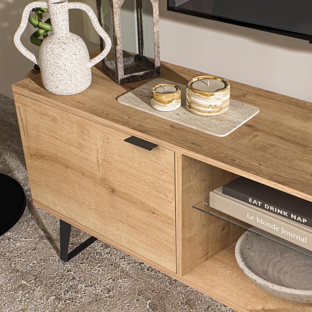 Mid Century Modern Door Glass Shelf TV Stand (Oak)