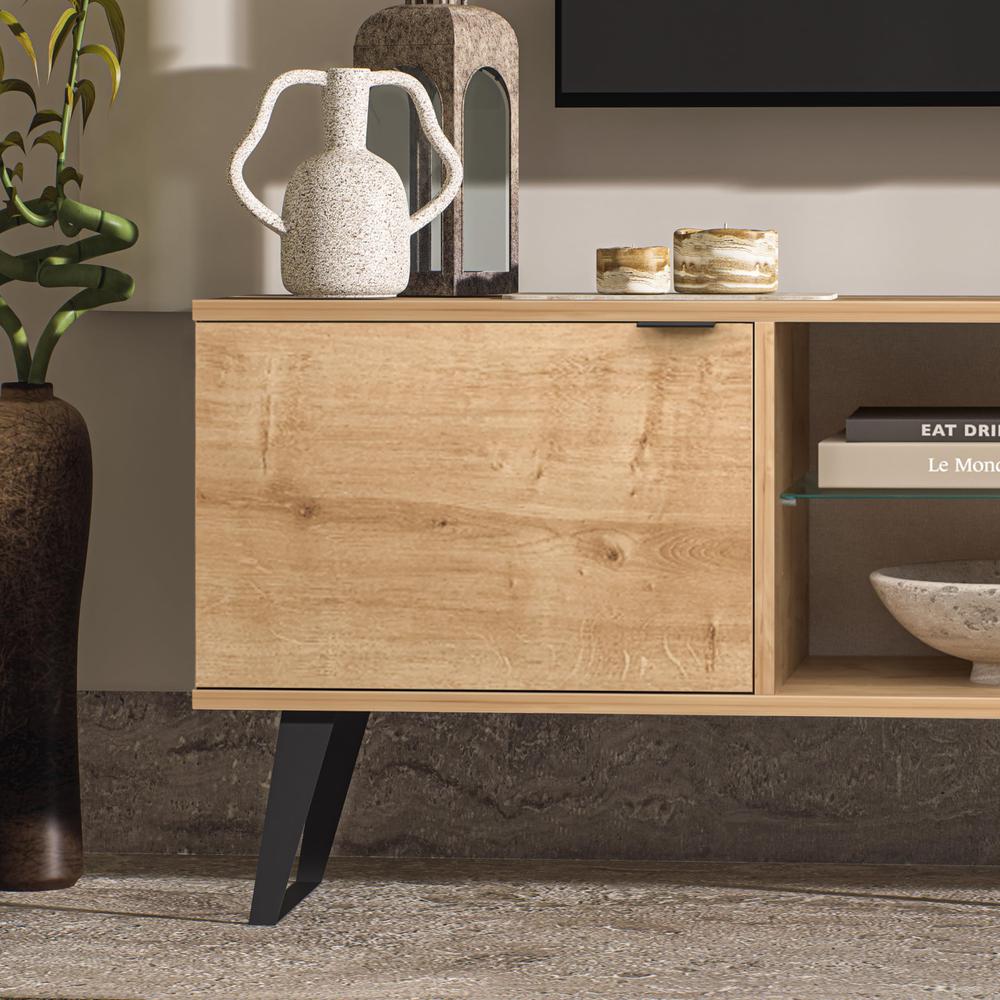 Mid Century Modern Door Glass Shelf TV Stand (Oak)