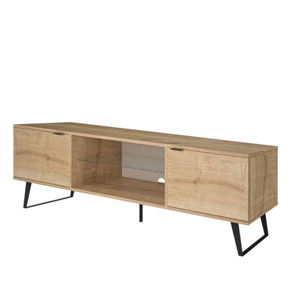 Mid Century Modern Door Glass Shelf TV Stand (Oak)