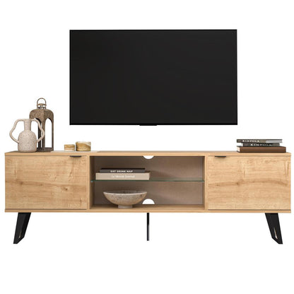 Mid Century Modern Door Glass Shelf TV Stand (Oak)