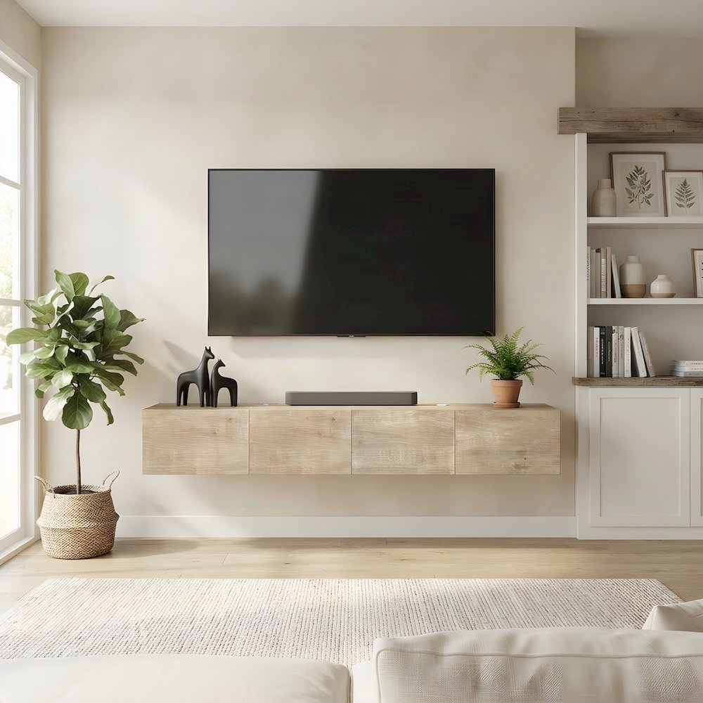 Floating Entertainment Center Wall Mounted with 4-Door Cable Management, Beige