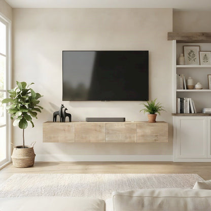 Floating Entertainment Center Wall Mounted with 4-Door Cable Management, Beige