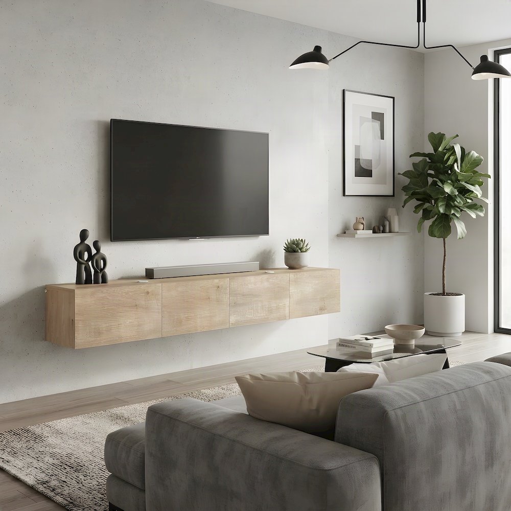Floating Entertainment Center Wall Mounted with 4-Door Cable Management, Beige