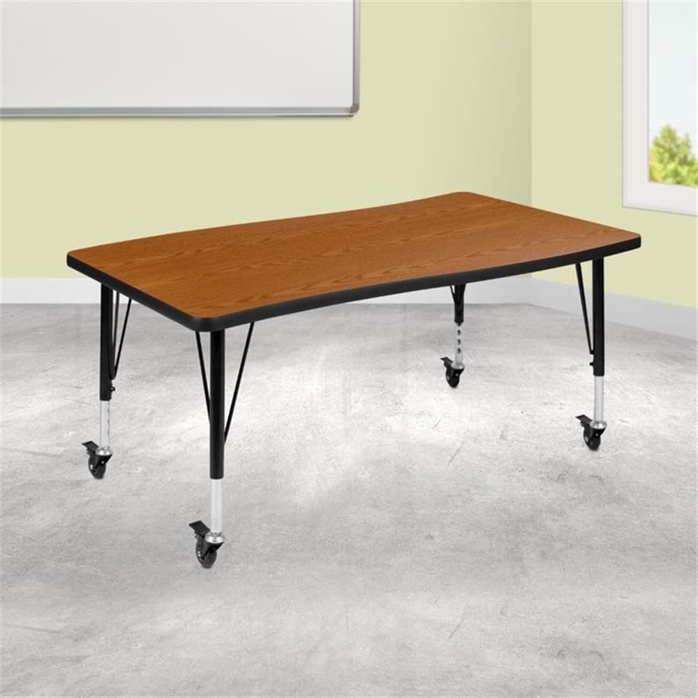 Mobile 28"W x 47.5"L Rectangular Wave Flexible Collaborative Oak Thermal Laminate Activity Table - Height Adjustable Short Legs