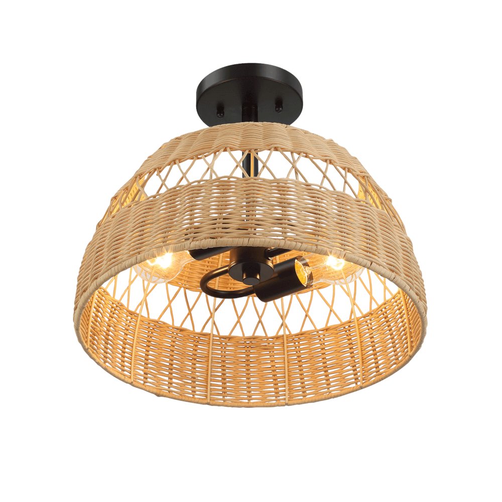 2-Light Rattan Semi-Flush Mount | Black Metal & Woven Farmhouse Ceiling Light