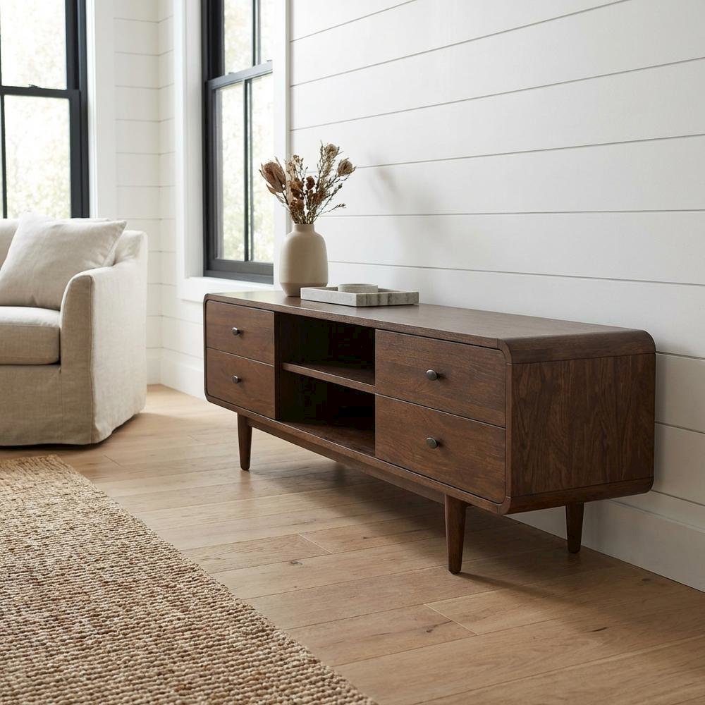 Brown Wood Mid Century Modern TV Stand with Sleek Design and Ample Storage