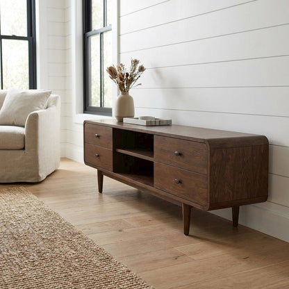Brown Wood Mid Century Modern TV Stand with Sleek Design and Ample Storage