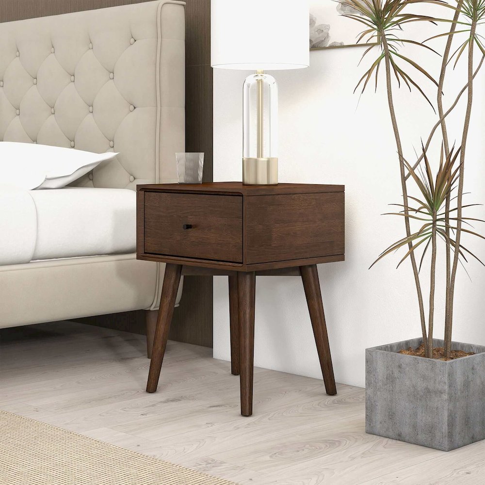 Avery Solid Wood Walnut Night Stand with Single Drawer