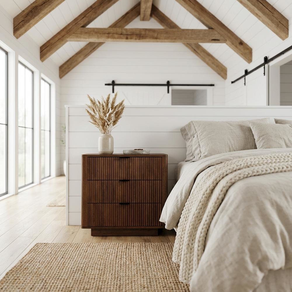 Walnut Nightstand with 3 Drawers and Modern Storage Design
