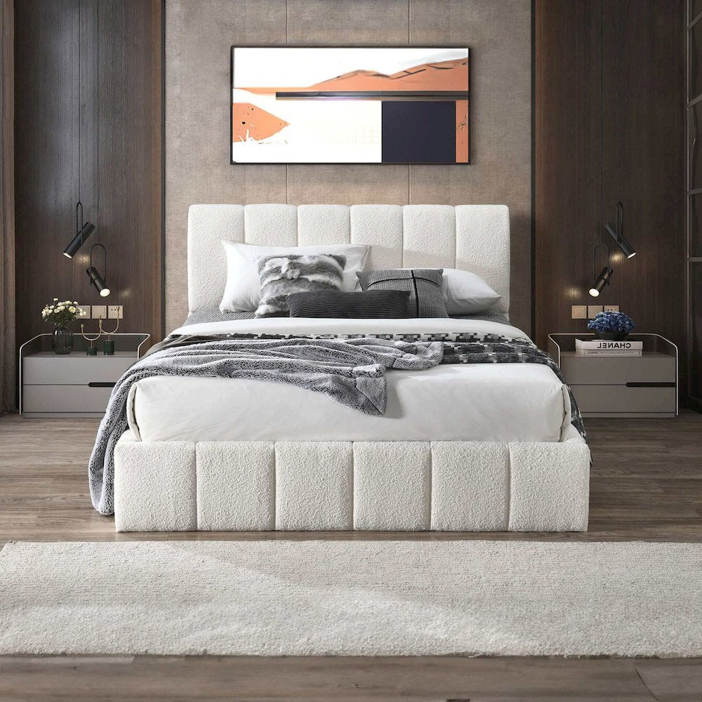 Hilar White Boucle Platform Bed Queen Size
