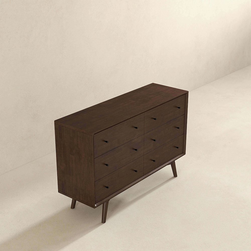 Caroline Mid Century Modern Walnut Dresser 6 Drawer