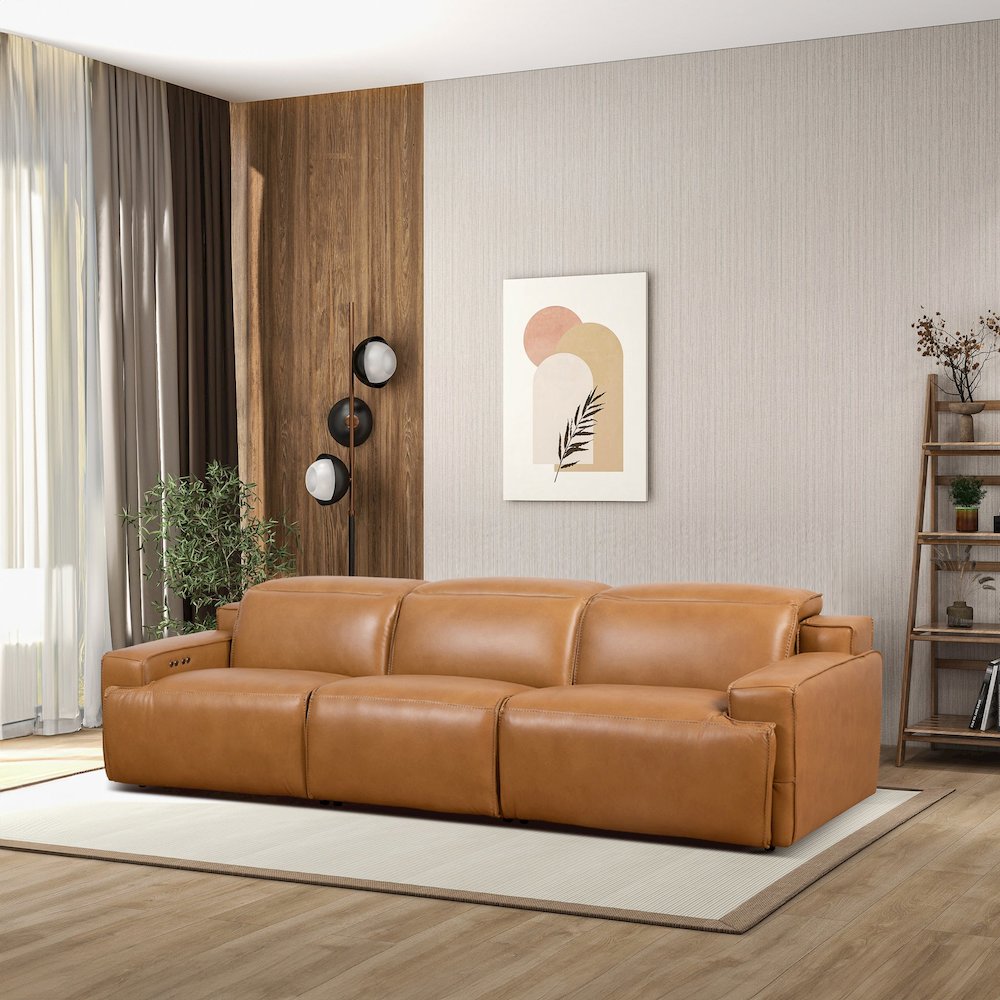 Urbana Triple PWR Tan Leather Recliner Sofa
