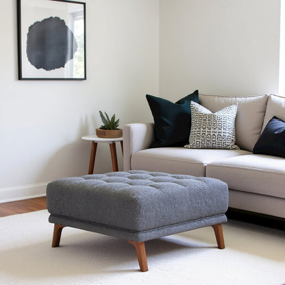 Gray Upholstered Square Ottoman with Foam and Solid Wood, Ideal Foot Rest