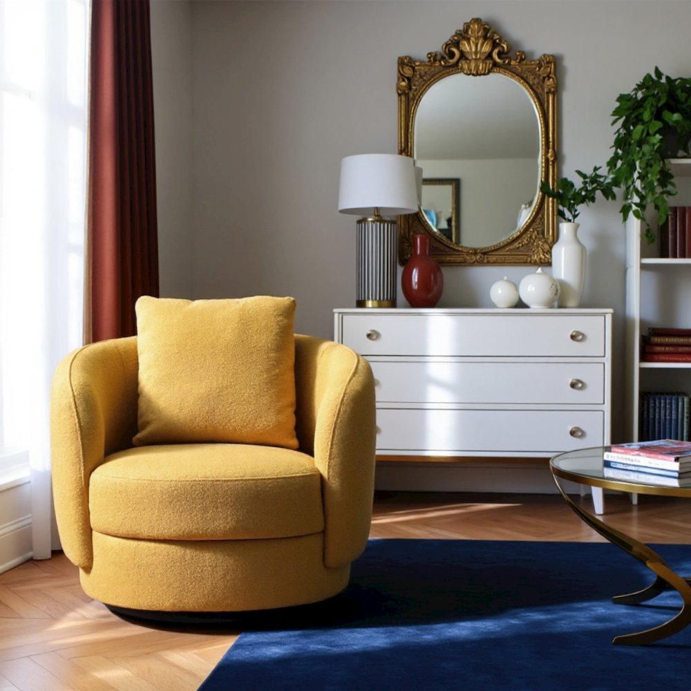 Yellow Boucle Lounge Chair with Solid Wood Frame, Ideal Accent Chair