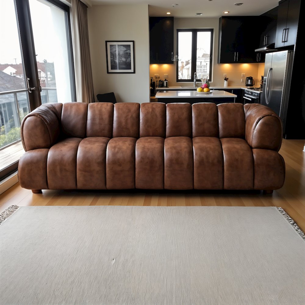 89.7'' Leather Sofa in Beige, Modern Living Room Couch with Comfortable Design