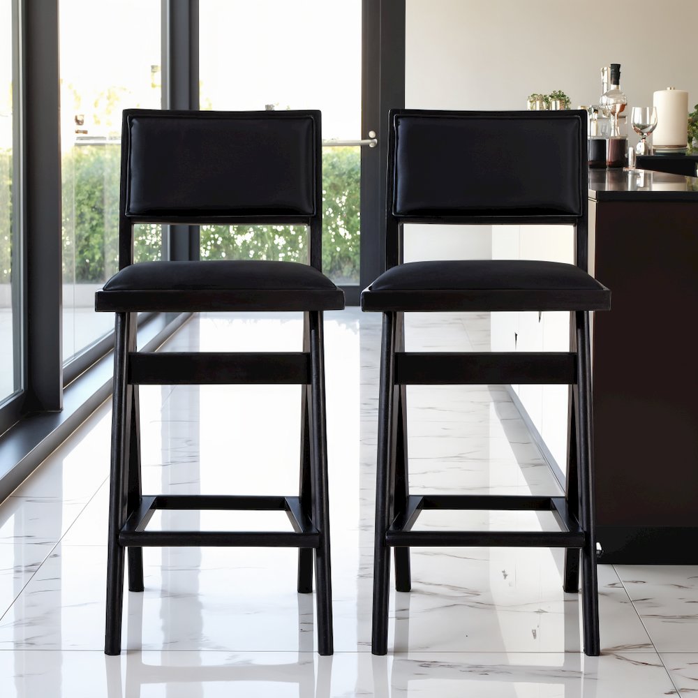 Black PU Leather Stool for Vanity, Set of 2, Small Vanity Seat for Desk