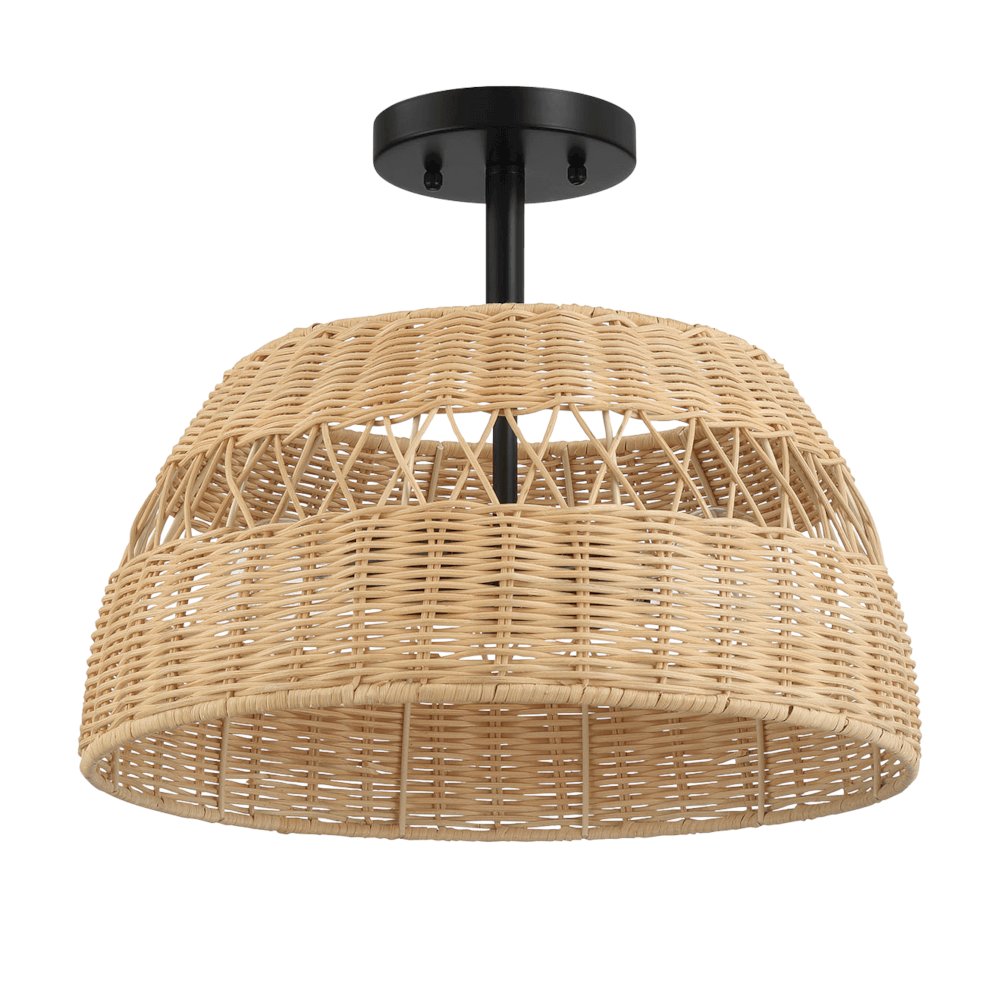 2-Light Rattan Semi-Flush Mount | Black Metal & Woven Farmhouse Ceiling Light