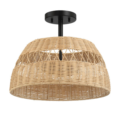 2-Light Rattan Semi-Flush Mount | Black Metal & Woven Farmhouse Ceiling Light