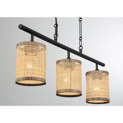 Three Lights Island With Natural Rattan Shade Farmhouse Chain Ceiling Lamp