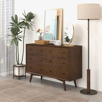 Caroline Mid Century Modern Walnut Dresser 6 Drawer