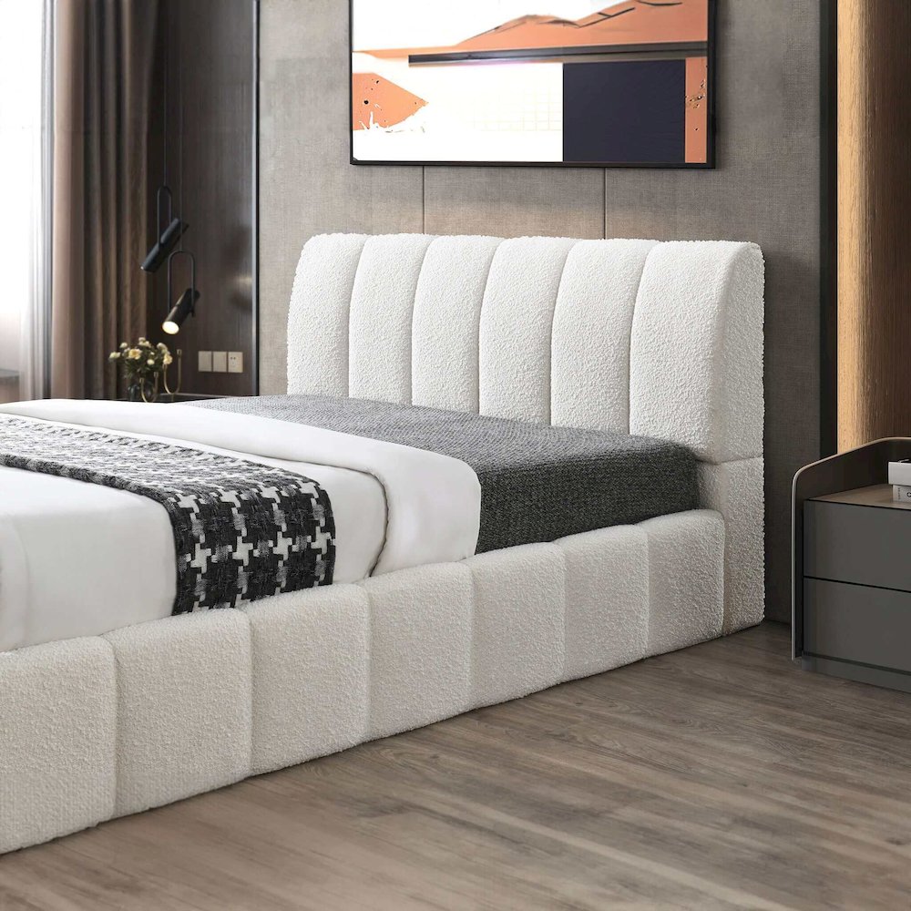 Hilar White Boucle Platform Bed Queen Size