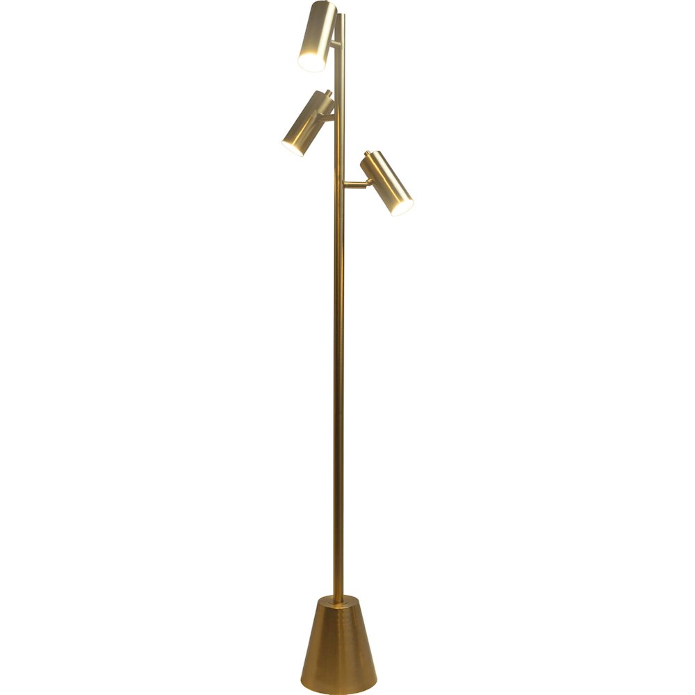 Lumina Brassed Gold Floor Lamp with Rotary Switch Triple Spots Metal Cone Base