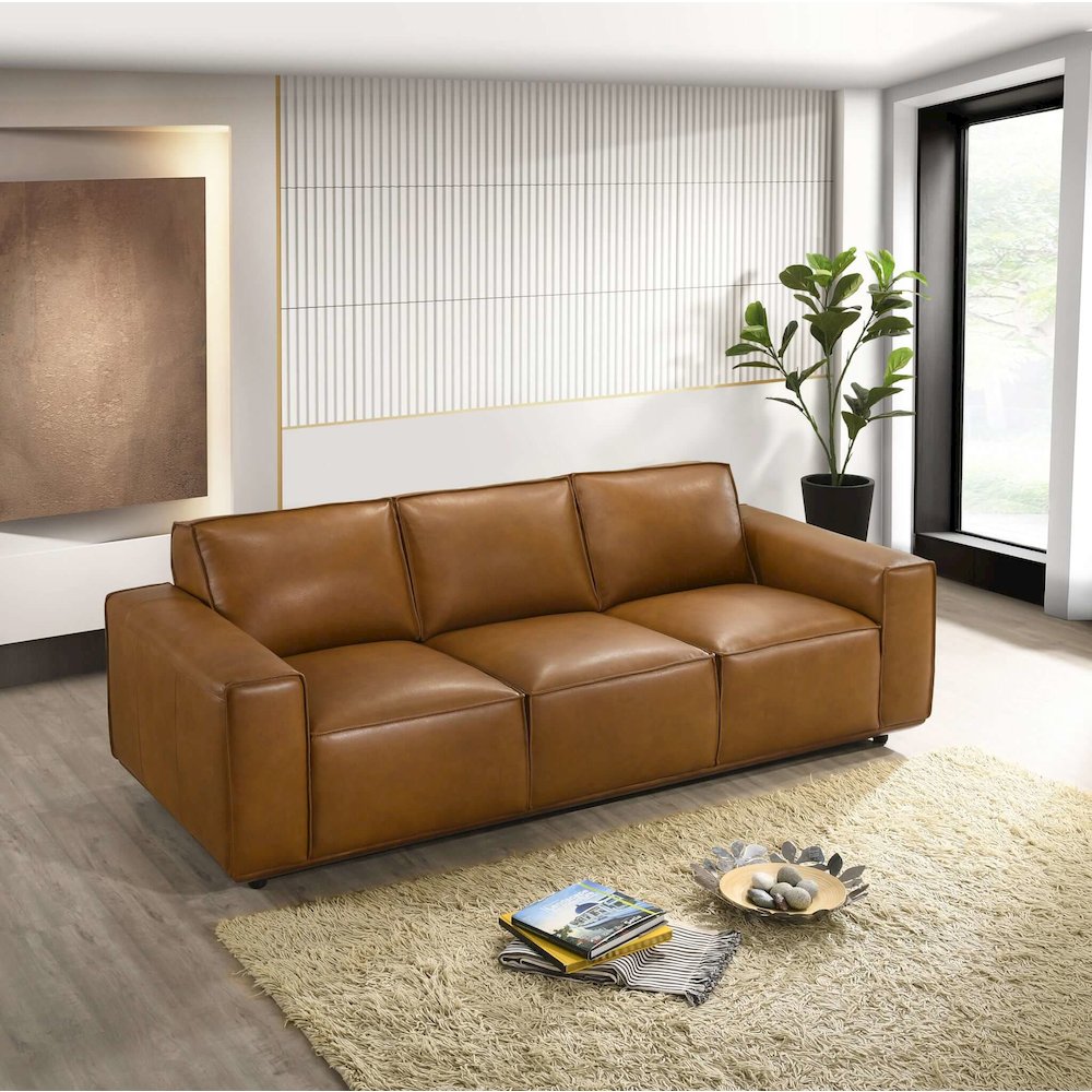 Hanky Mid-Century Modern Genuine Tan Leather Sofa