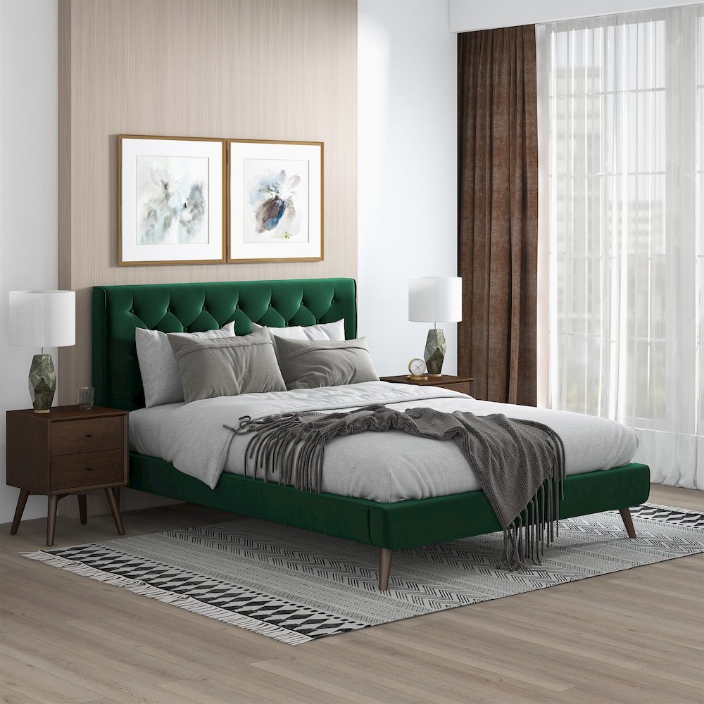 Dillon Dark Green Velvet Platform Bed (Queen Size)