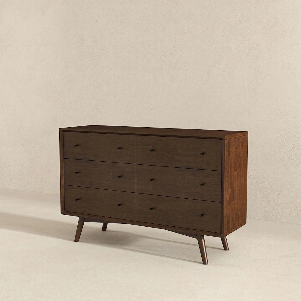 Caroline Mid Century Modern Walnut Dresser 6 Drawer