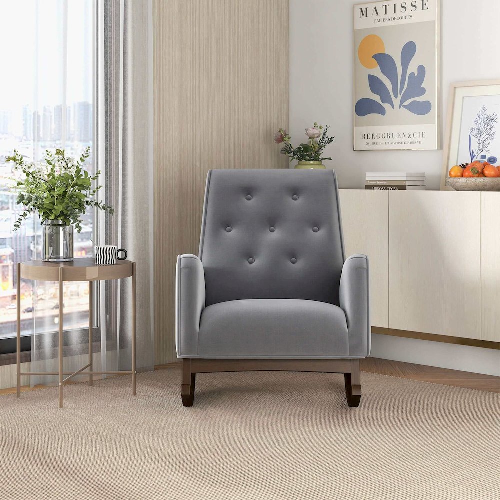 Demetrius  Light Grey Fabric Solid Wood Rocking Chair
