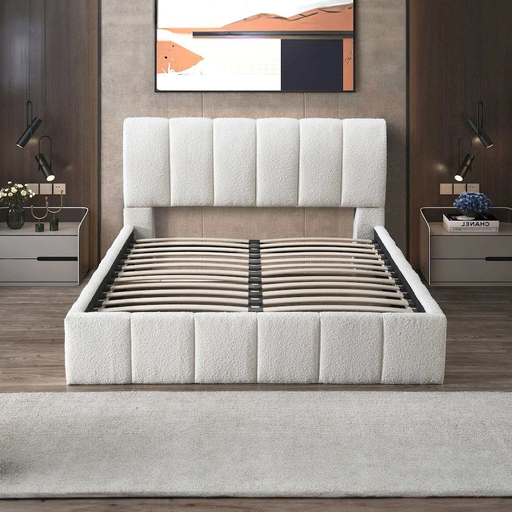 Hilar White Boucle Platform Bed Queen Size