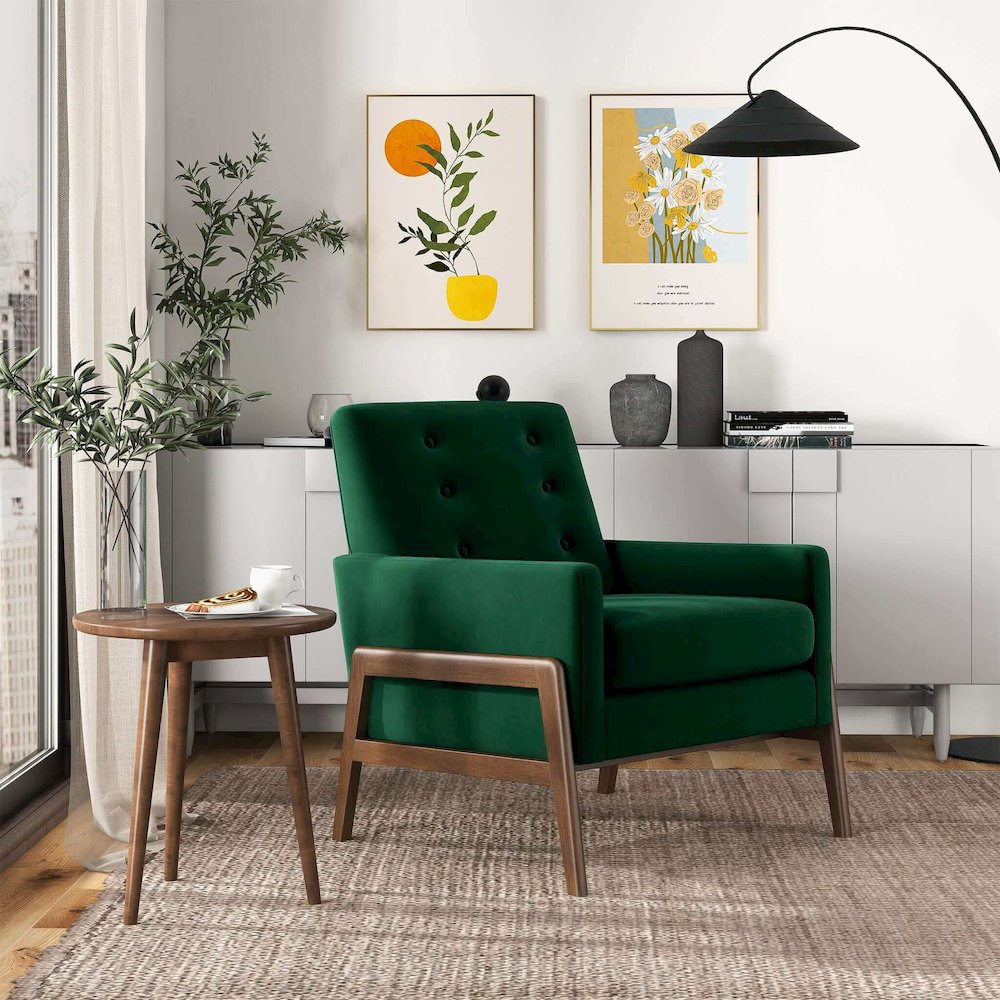 Cole Solid Wood Green Velvet Lounge Chair