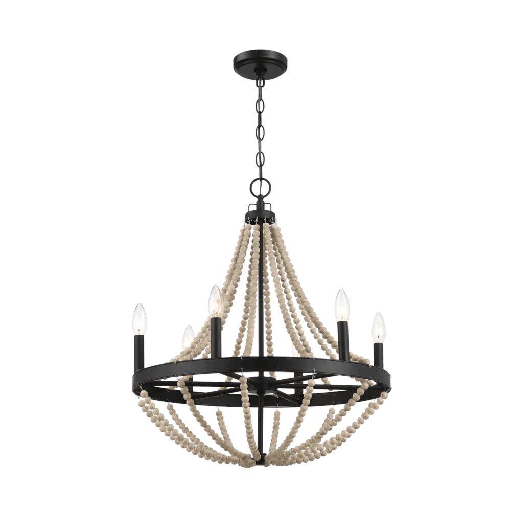 Wood Chandelier Farmhouse Six Candle Light Wood Beaded Black Pendant Light