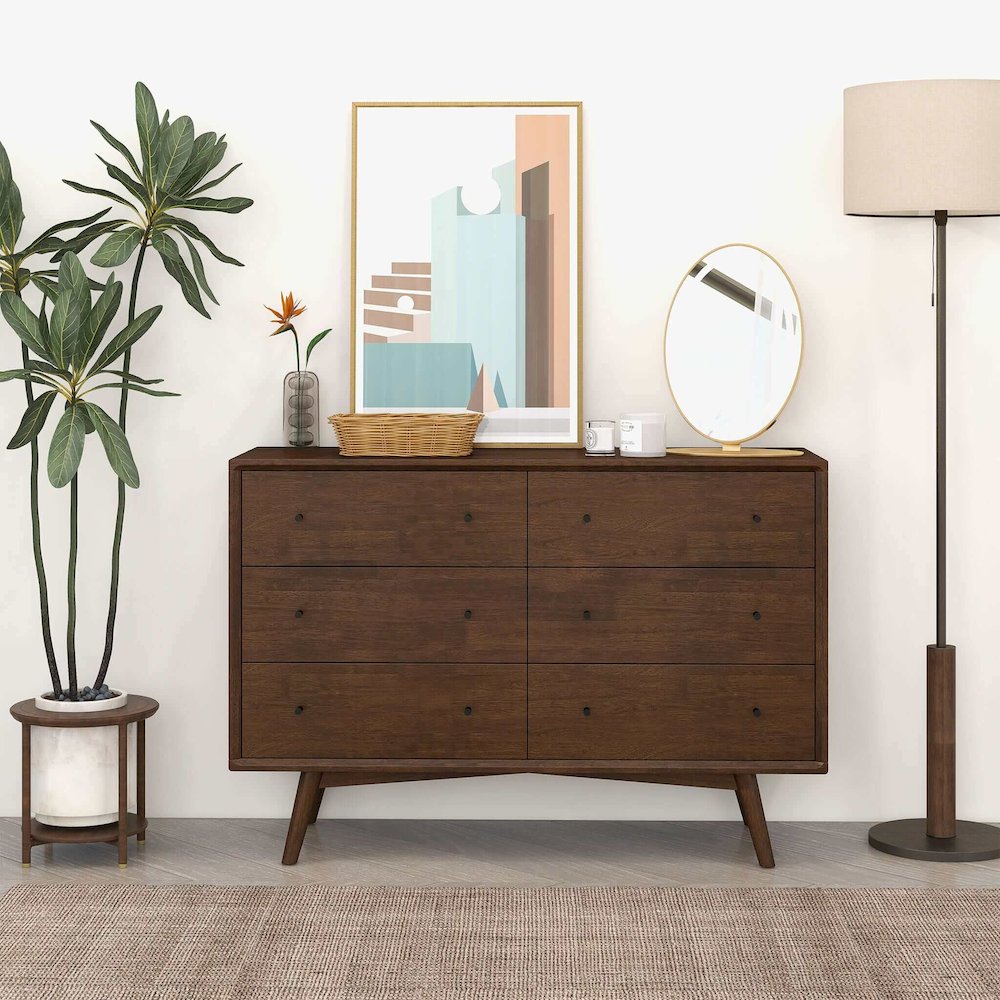 Caroline Mid Century Modern Walnut Dresser 6 Drawer