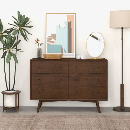 Caroline Mid Century Modern Walnut Dresser 6 Drawer