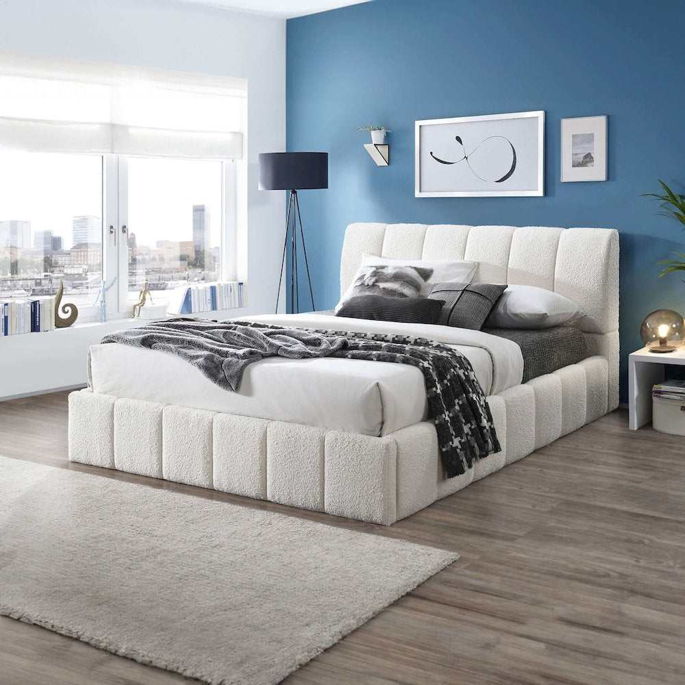Hilar White Boucle Platform Bed Queen Size
