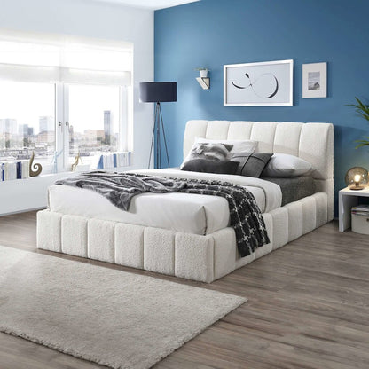 Hilar White Boucle Platform Bed Queen Size