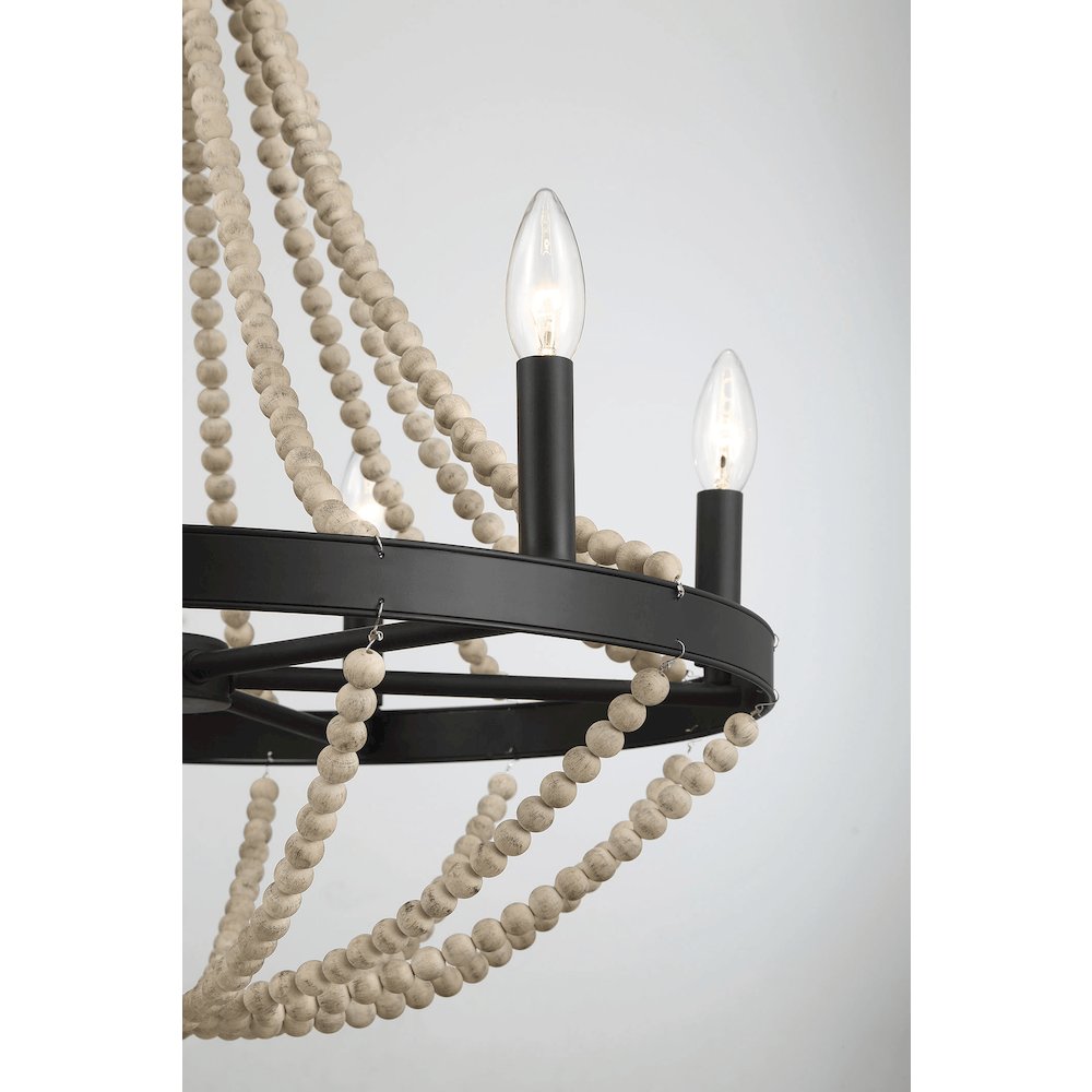 Wood Chandelier Farmhouse Six Candle Light Wood Beaded Black Pendant Light